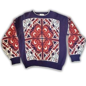 Vintage Knit Tapestry Sweater Navy Rust Cream, Size Large Indie